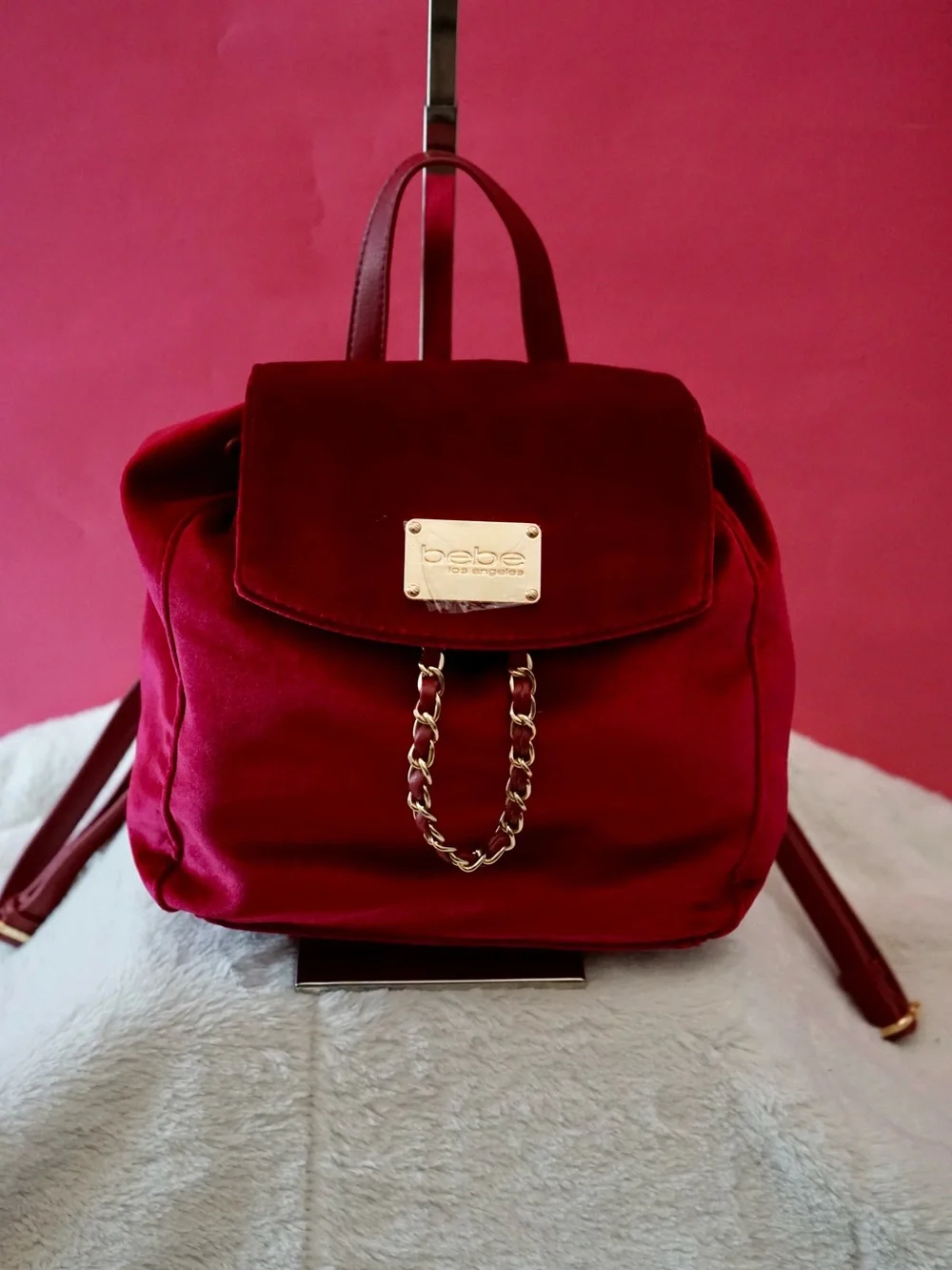 ⁠NWT Bebe Los Angeles Wine Red Velour Mini Backpack Gold Chain Detail Purse